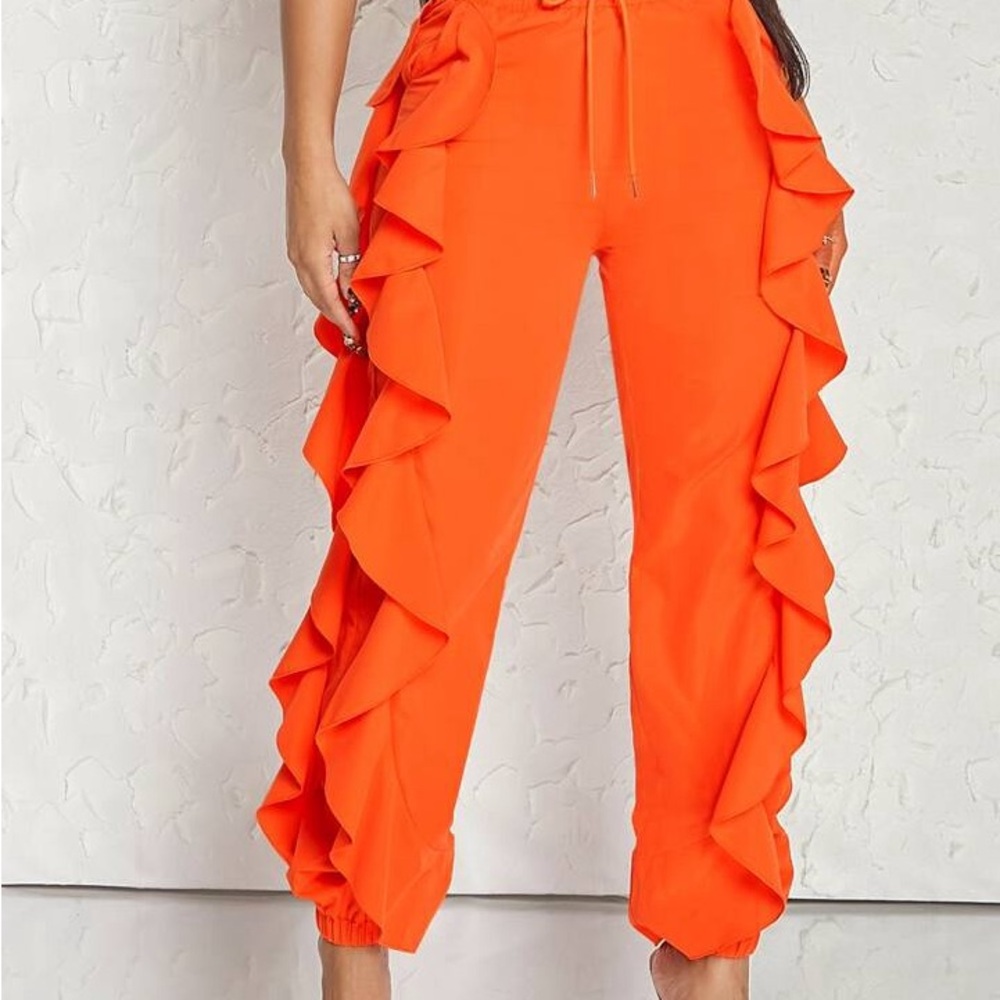 SHEIN Orange Ruffle Track Pants